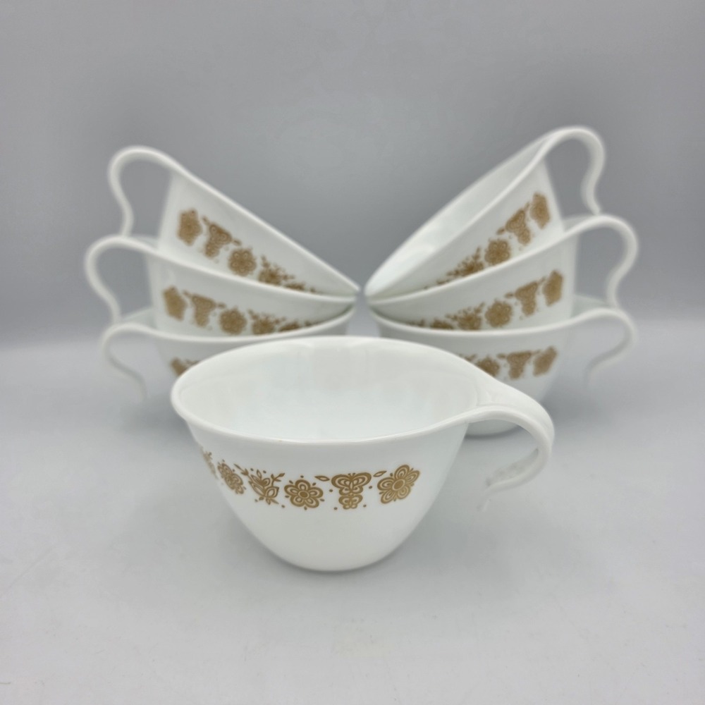 7 Vtg Corelle Livingware Corning White Butterfly Gold Hook Coffee Tea Cups 8oz.